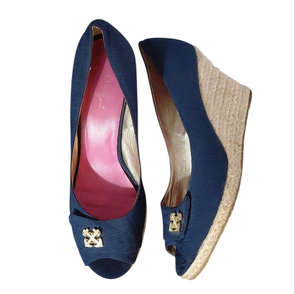 Lilly Pulitzer Blue Canvas Espadrille Wedge Peep Toe Nautical Shoes Size 9 - Picture 1 of 11